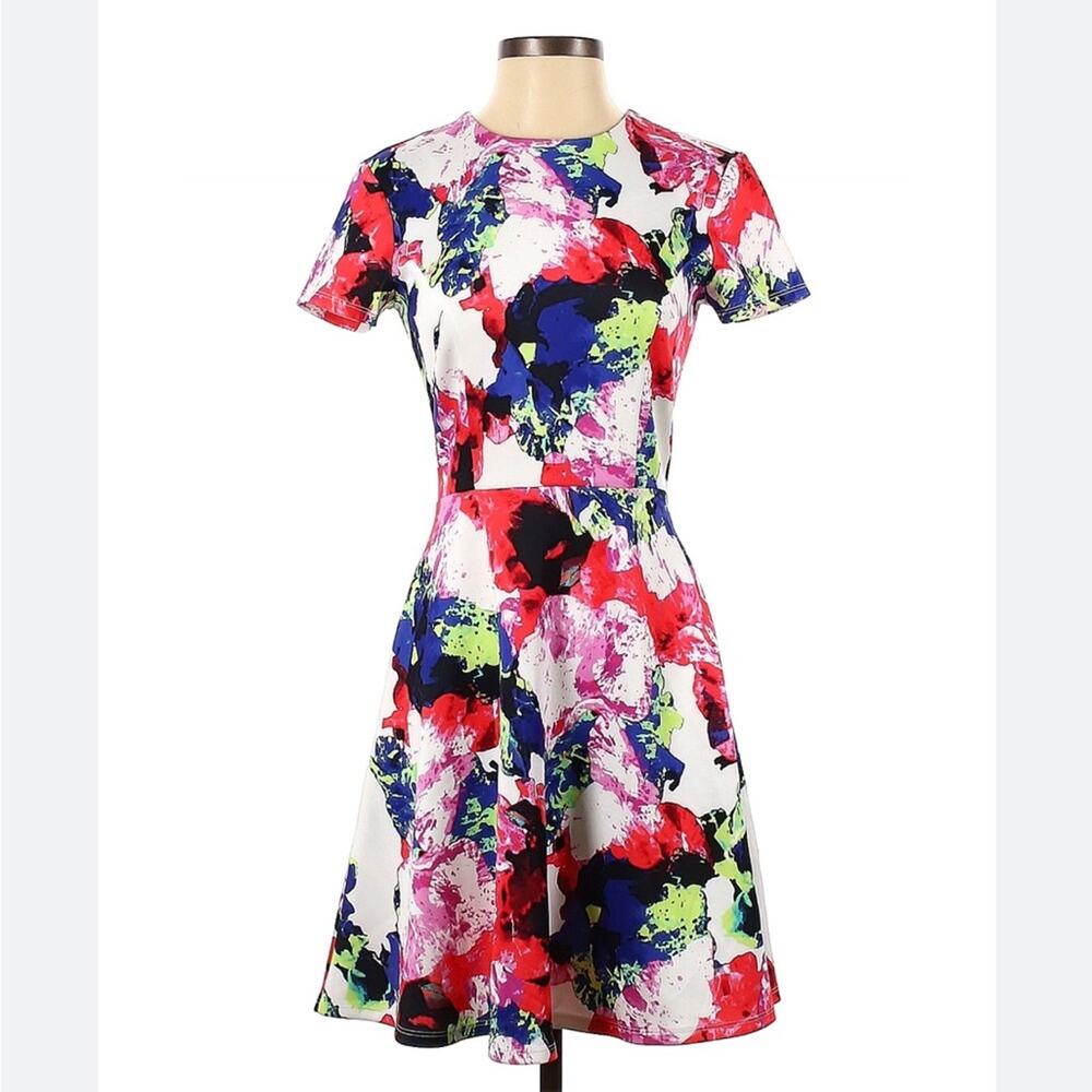 Milly Vibrant Multicolor Floral A-Line Dress Size 4 Short Sleeve Crew Neck